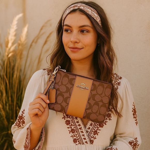 Coach Signature PVC Wristlet – Khaki/Saddle 2 – EUC - Picture 1 of 9